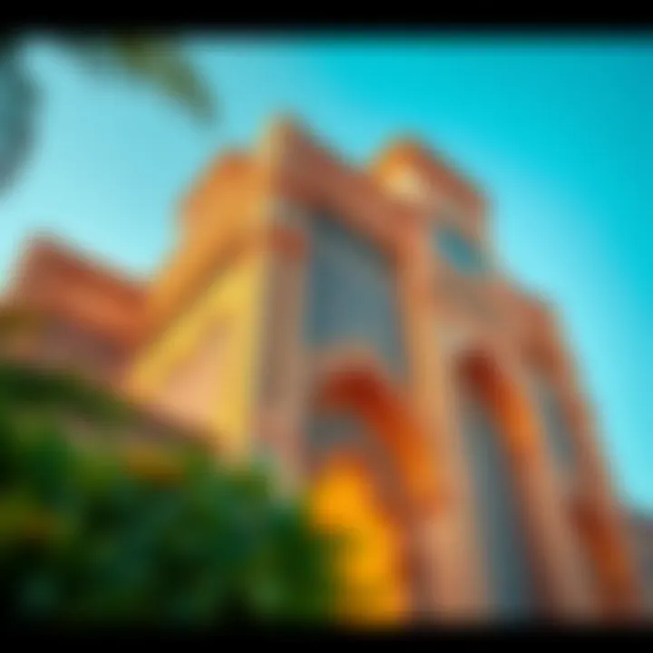 Intricate Facade of Al Meraikhi Tower Close-up of Al Meraikhi Tower's facade highlighting intricate design details