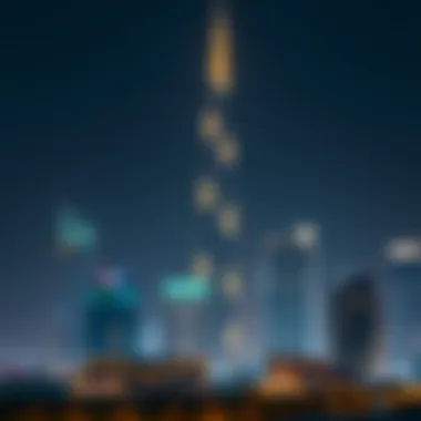 Night view of Al Zarooni Tower illuminated against the Dubai skyline