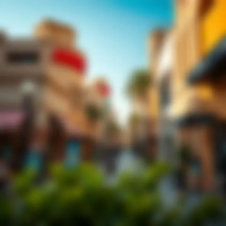 A vibrant street scene in Amber Studio City featuring local cafes and shops