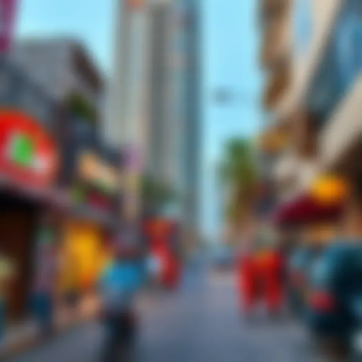 A vibrant street scene surrounding Capricorn Tower, depicting the lively urban environment and community interactions.