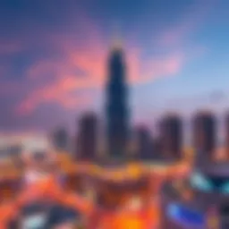 A panoramic view of Champion Tower highlighting its striking façade against the Dubai skyline.