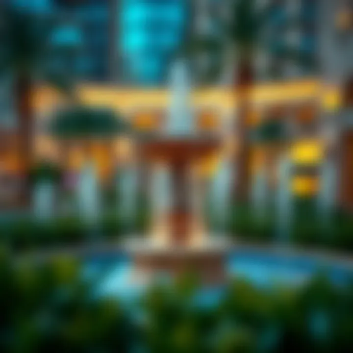 Architectural detail of a fountain surrounded by greenery in City Walk