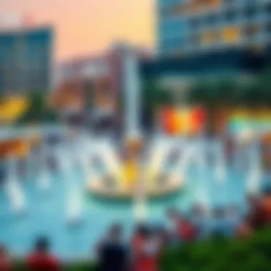 Cultural gathering around a fountain in City Walk, highlighting community engagement