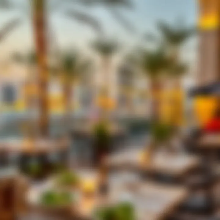 Outdoor dining setting with views of Dubai Sports City