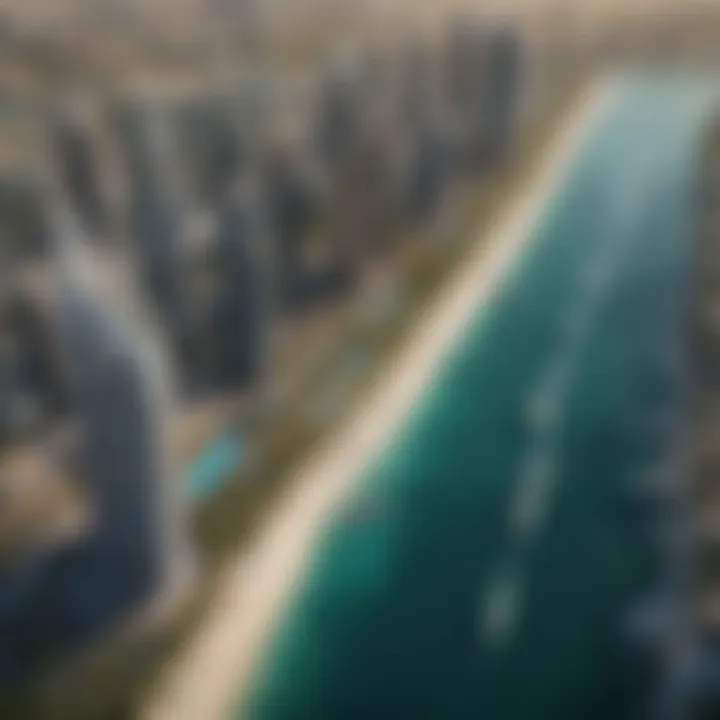 Aerial view of Dubai Harbour Marina, with nearby attractions and lush greenery