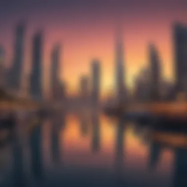 Vibrant sunset over Dubai Harbour Marina, highlighting the skyline's reflection on the water