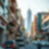 A vibrant street scene showcasing the architectural diversity of Dubai's neighborhoods.