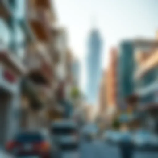 A vibrant street scene showcasing the architectural diversity of Dubai's neighborhoods.