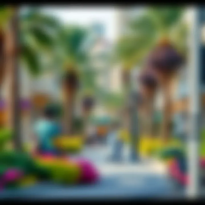 A serene park in the heart of a bustling neighborhood, highlighting community life.