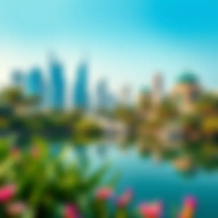 A serene lake reflecting the skyline of Dubai surrounded by greenery