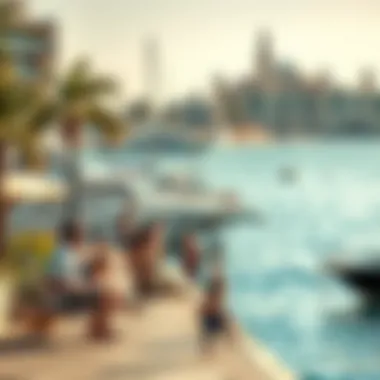 A tranquil waterfront area in Dubai with families enjoying leisure activities against the backdrop of luxury yachts.