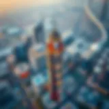 Aerial view of Dunya Tower showcasing its architectural design and surrounding skyline