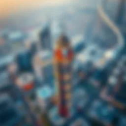 Aerial view of Dunya Tower showcasing its architectural design and surrounding skyline