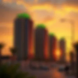 Stunning view of Emerald Residence silhouette against a Dubai sunset