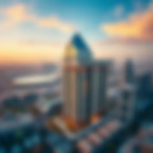 Aerial view of Al Amir Building showcasing its modern architecture against the Dubai skyline