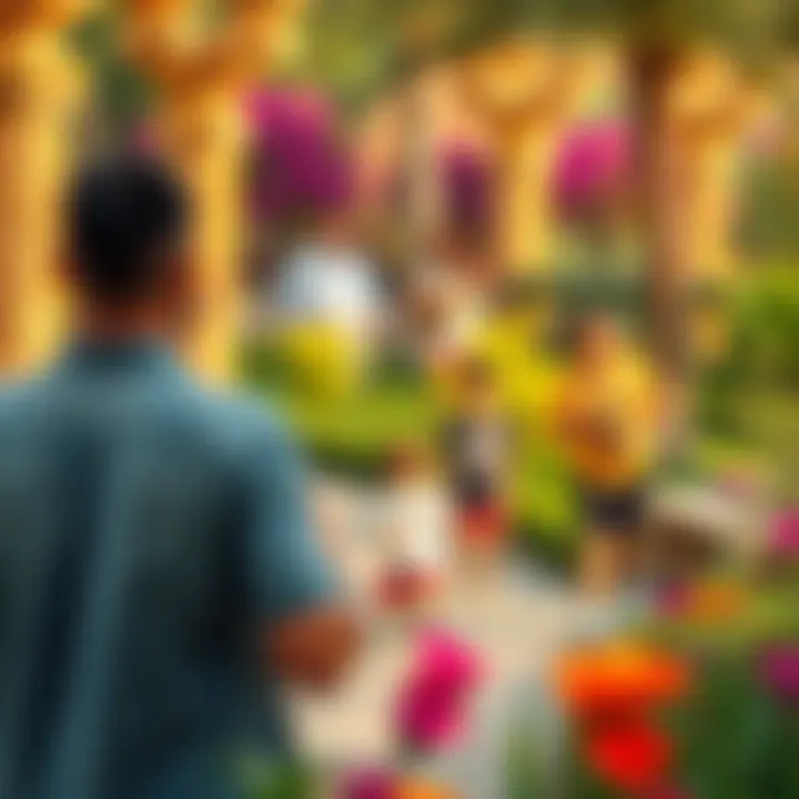 Family enjoying recreational activities in a vibrant garden