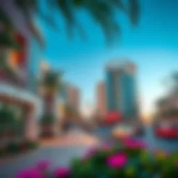 Vibrant streetscape of Al Garhoud showcasing modern architecture and greenery.