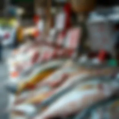 Fresh catches of the day displayed at a stall, highlighting local seafood varieties.