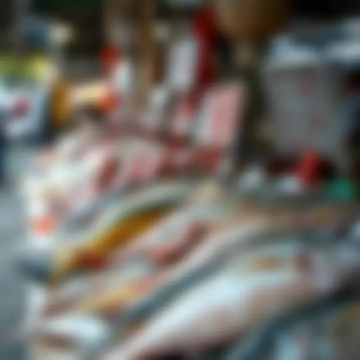 Fresh catches of the day displayed at a stall, highlighting local seafood varieties.