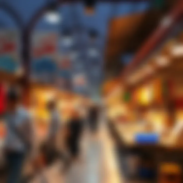 An engaging scene of shoppers exploring the market's offerings and vibrant atmosphere.