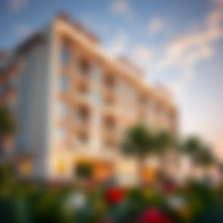 A close-up of a contemporary residential building in Al Khail Heights, reflecting modern living