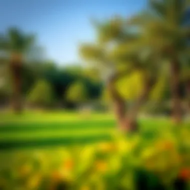 Resting area with benches under the shade of trees in Al Rashidiya Park