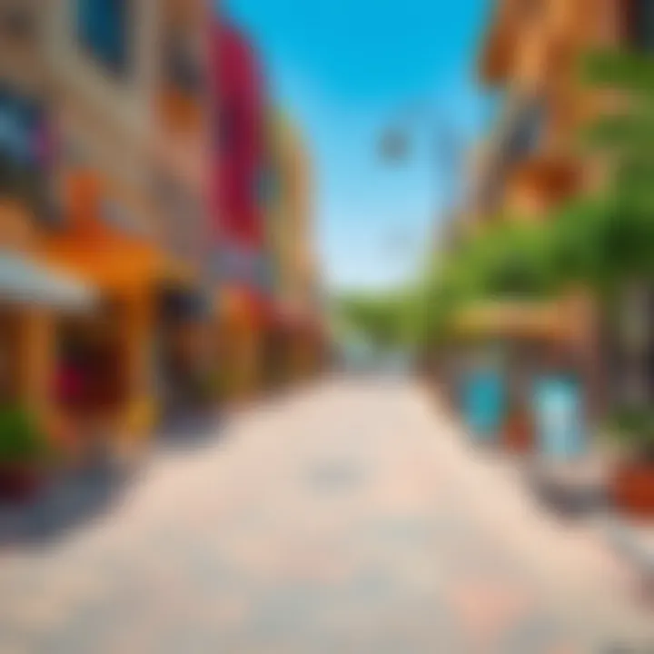 Vibrant street scene in Al Wasl Oasis 2 with cafes and shops