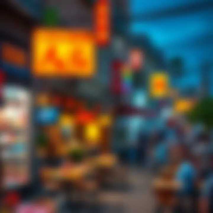 A vibrant street scene filled with local dining options