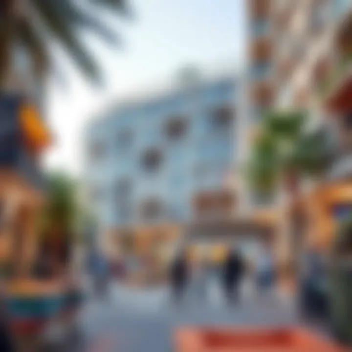 Engaged community spaces surrounding the building, illustrating cultural interactions