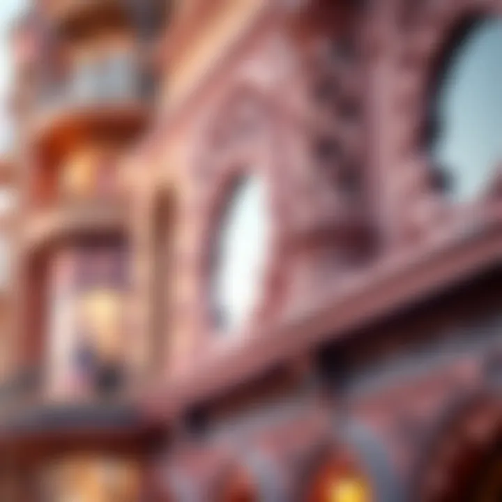 Close-up of the intricate facade of the building, showcasing local design elements