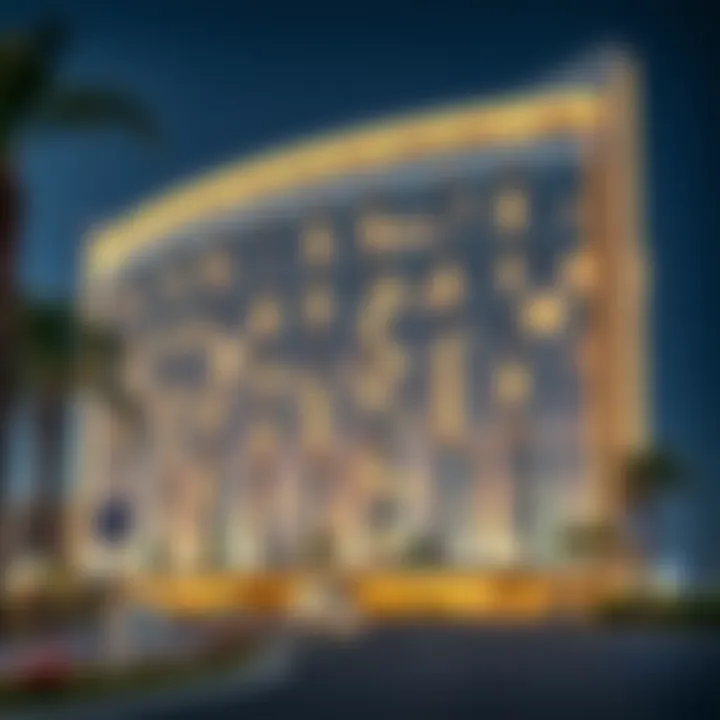 Night view of the building highlighting its modern aesthetics and urban integration