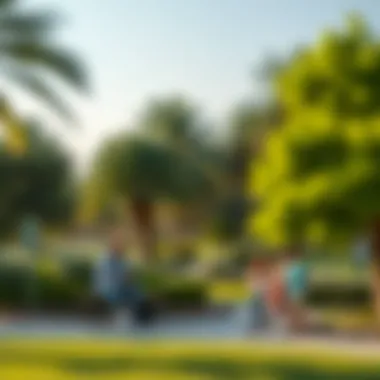 A serene park in Arjan filled with lush greenery and families enjoying leisure time