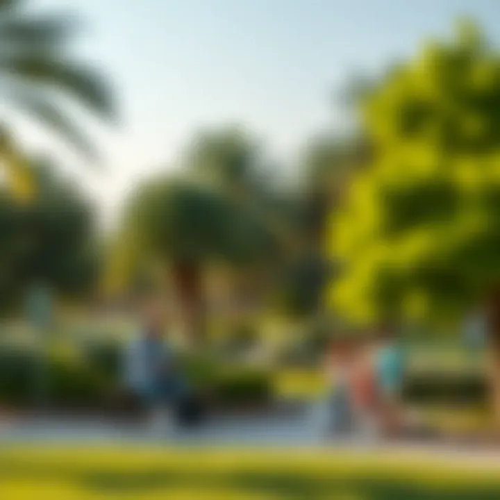 A serene park in Arjan filled with lush greenery and families enjoying leisure time