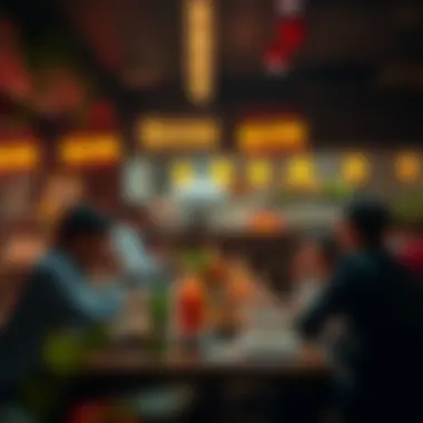 A group of diners enjoying a meal in a warm atmosphere