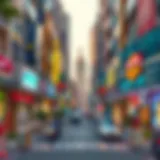 A vibrant street view showcasing the lively atmosphere of City Corner Karama