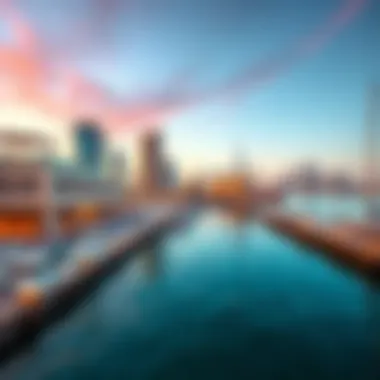 A panoramic view of Deira Creek Harbour showcasing its modern skyline against the backdrop of traditional architecture.