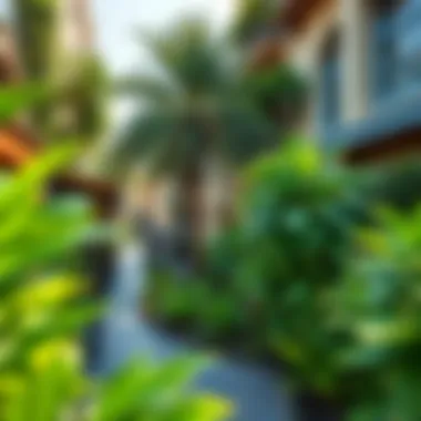 Green Pathways: An Urban Oasis in the City Picturesque walkway adorned with lush greenery in a bustling neighborhood