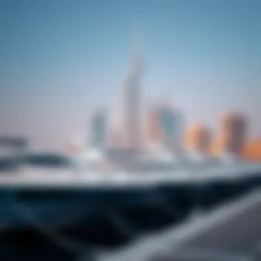 Luxury yachts docked at Dubai Harbour with the city skyline in the background
