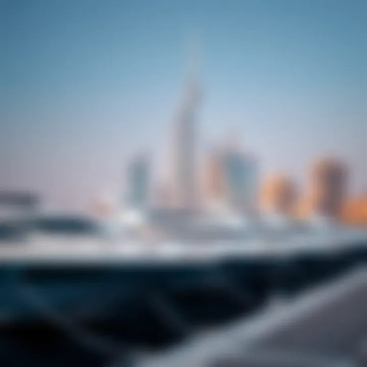 Luxury yachts docked at Dubai Harbour with the city skyline in the background