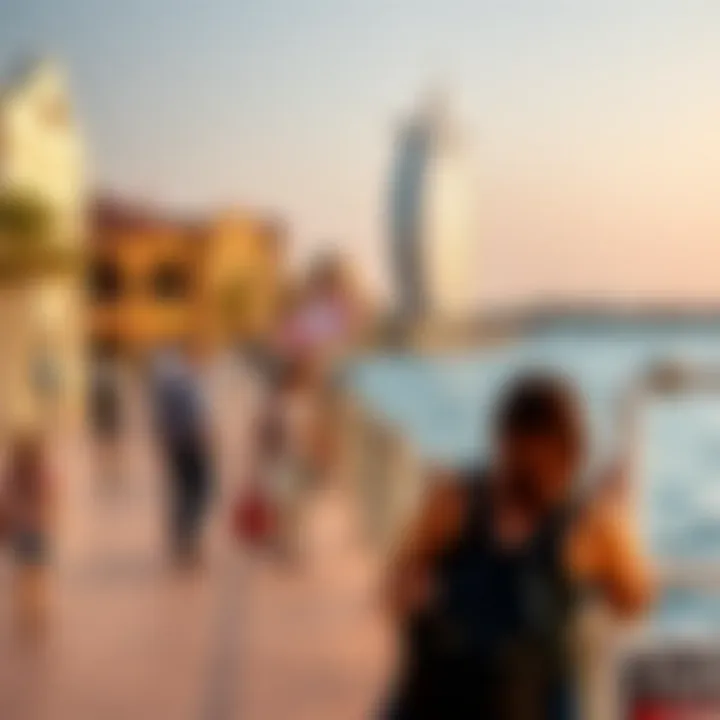 Visitors enjoying recreational activities by the waterfront of Dubai Harbour