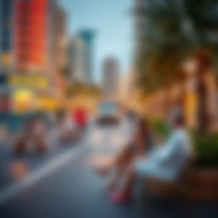 Community Vibes: Leisure by the Waterfront in Dubai A picturesque waterfront area in Dubai, capturing the essence of community life with families and friends enjoying leisure activities.