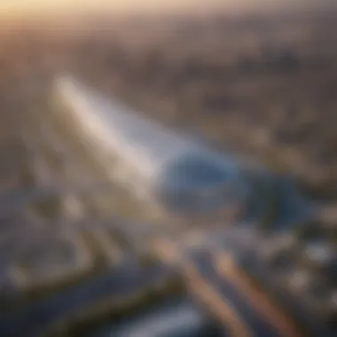 Aerial view of the Dubai Sports City area with the metro station integrated into the urban landscape