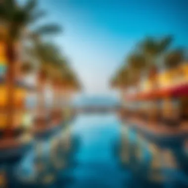 Luxurious waterfront area with palm trees and cafes