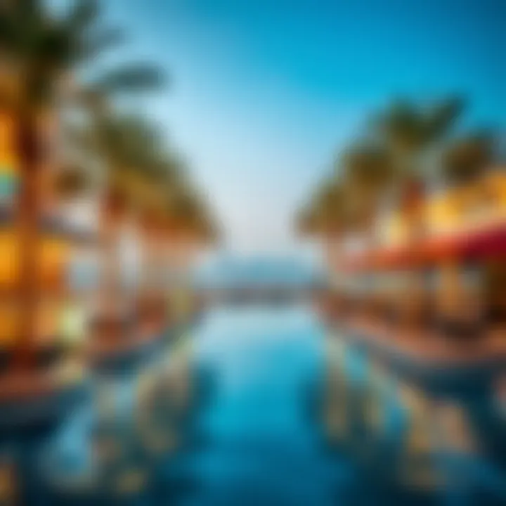 Luxurious waterfront area with palm trees and cafes