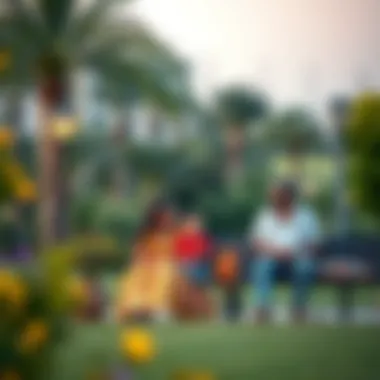 Family enjoying leisure time at one of Dubailand's lush green parks