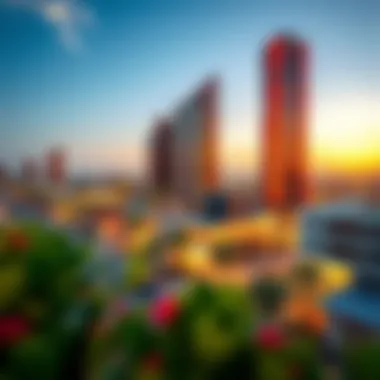 A vibrant community scene surrounding an elite residence tower in Dubai