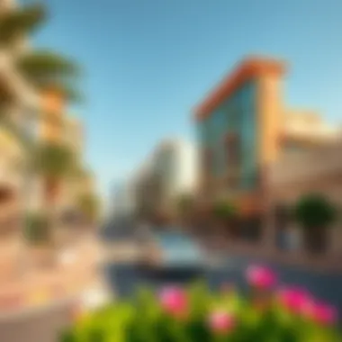 A vibrant street view showcasing the architectural beauty of Green Pearl Karama.