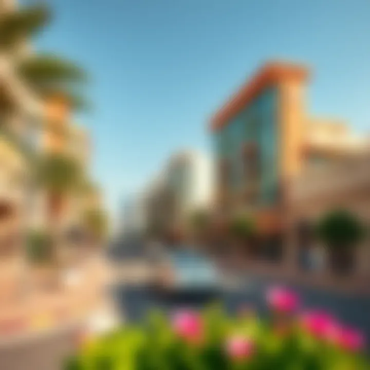 A vibrant street view showcasing the architectural beauty of Green Pearl Karama.