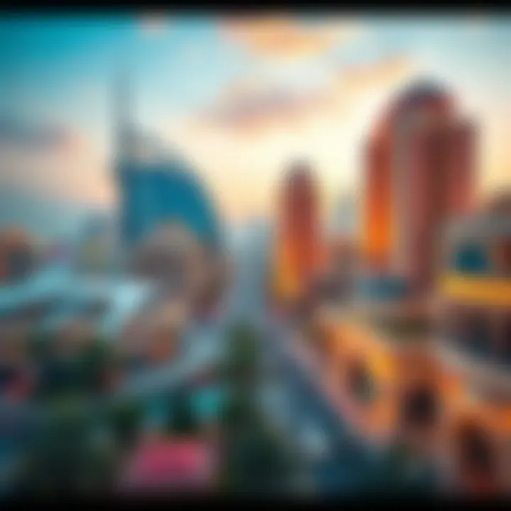 A panoramic view of Dubai International City showcasing its unique architectural style