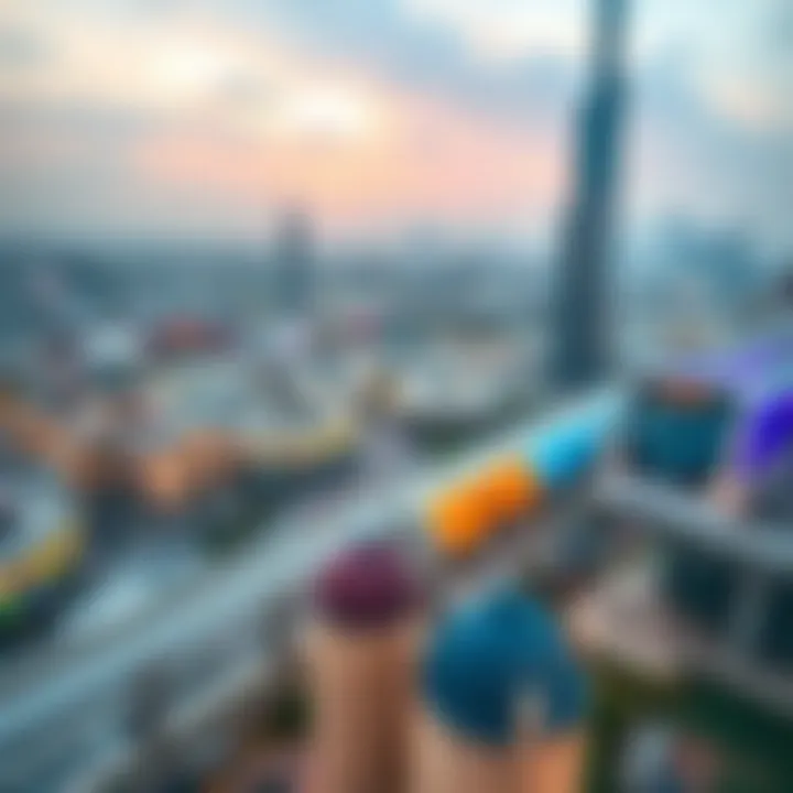 Aerial view showcasing the International City Metro station amidst Dubai's skyline
